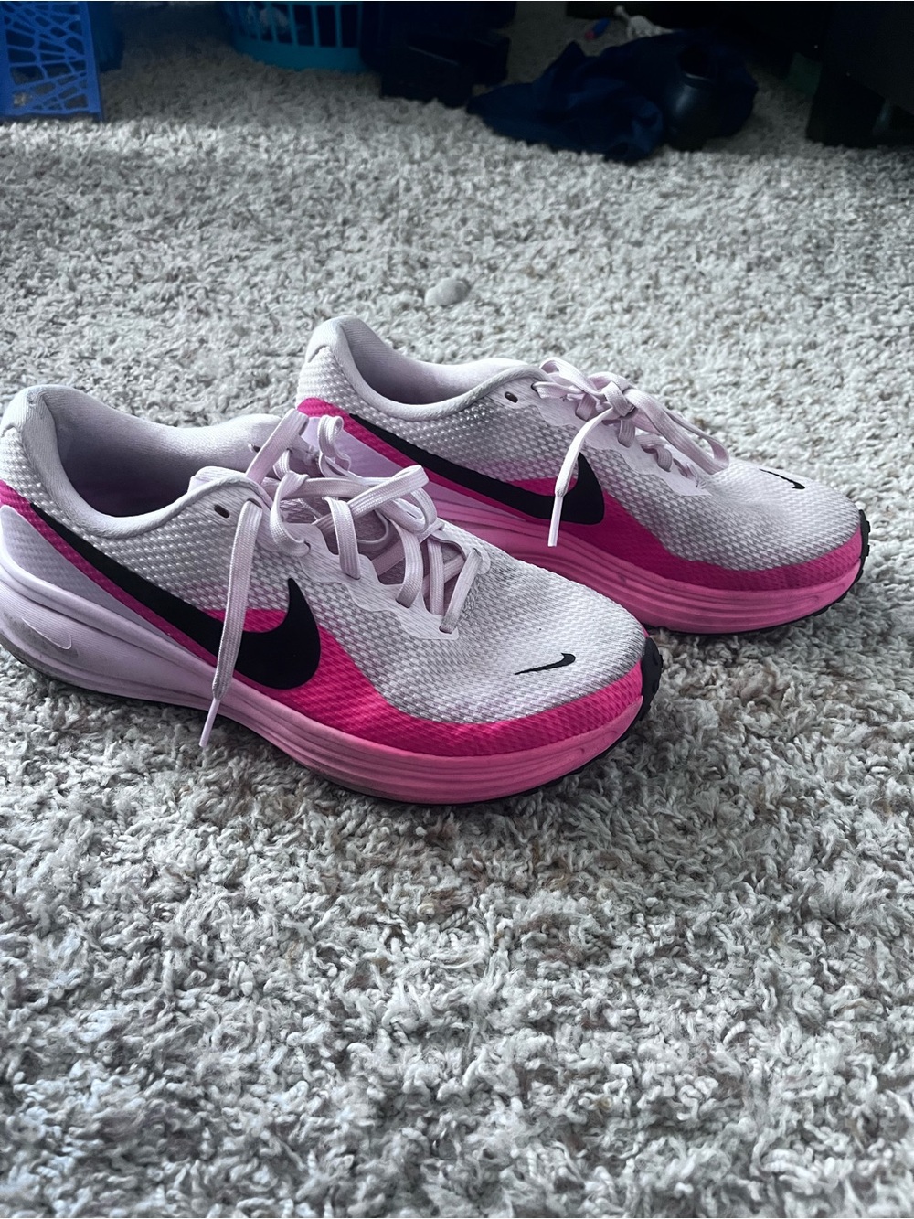 Nike Women's White and Pink Running Sneakers with Black Swoosh